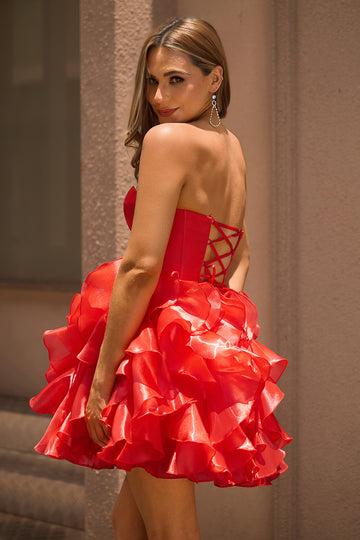 Red A-Line Strapless Tiered Ruffle Corset Homecoming Dress With Bows